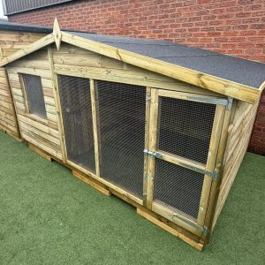 Outdoor wooden rabbit house with run