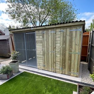 outdoor wooden dog kennel with shed